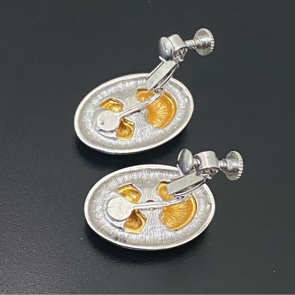 Vintage NAPIER 2-tone High Polished Metal Oval Cabochon Modernist Earrings 12g. - Picture 11 of 14